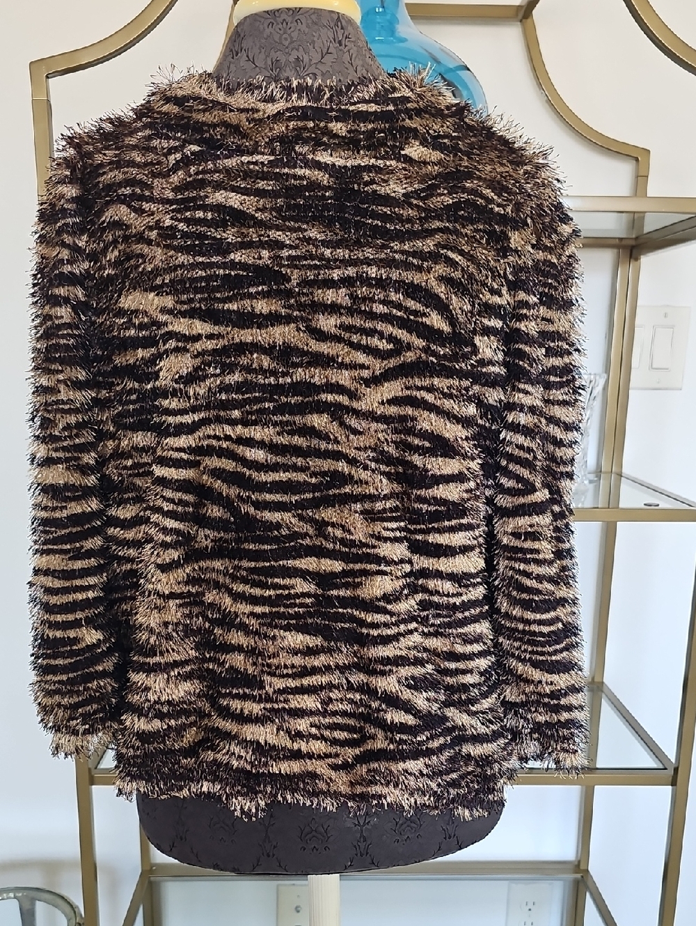 Vince Camuto Black and Tan Fuzzy Animal-Stripe Sweater